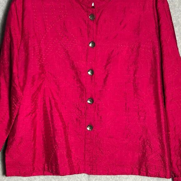 Chicos Sz 2 Medium 100% Silk Dark Pink Embroidered Jacket Mandarin Collar India - Picture 8 of 11